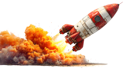 Rocket Launch with Fiery Exhaust isolated on transparent background