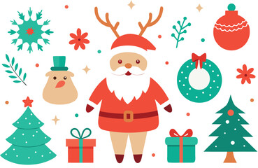 Festive christmas collection santa claus reindeer snowman christmas tree ornaments wreath gifts vector illustration vector