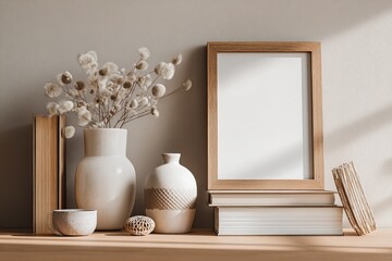 Neutral-toned display shelf with vase, dried flowers, books, and frame