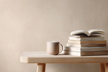 Stack of books, open book, and mug on a wooden bench