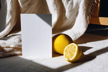 Blank card with lemons, soft sunlight, and linen