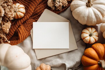 Blank card surrounded by pumpkins, dried flowers, and a warm sweater