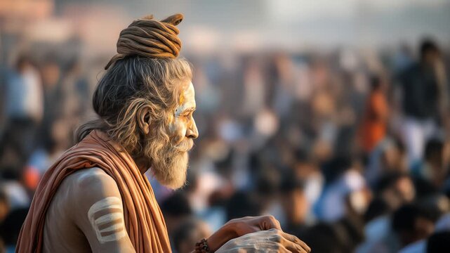 A close-up portrait of an Indian holy man, a Sadhu, with a long beard and traditional face paint, looking contemplative amid a crowd