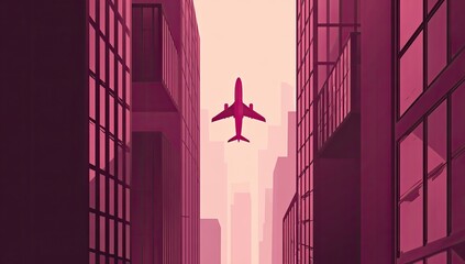 Pink airplane over a city street