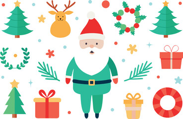 Festive christmas collection vector illustration with santa claus reindeer trees and gifts eps vector