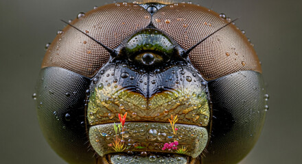 Extreme close-up macro photograph of a dragonfly's head, revealing intricate details of its compound eyes, antennae, and textured exoskeleton covered in tiny water droplets.