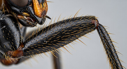 Extreme close-up macro photograph revealing the intricate, hairy texture of an insect's leg and segmented body, showcasing its antennae and compound eye.