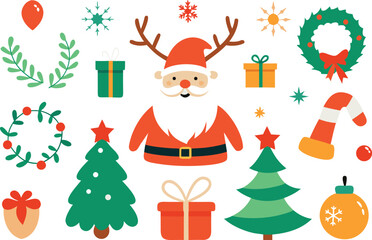 Festive christmas vector collection santa claus reindeer wreath gifts trees icons eps vector