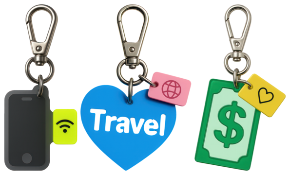 PNG Colorful travel-themed keychains displayed, element set on transparent background