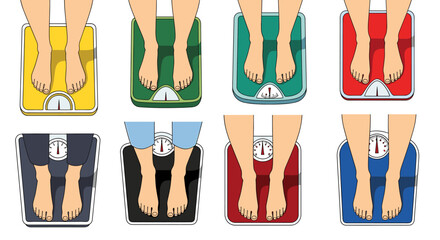 Vector illustration set of feet on colorful weighing scales. Concept for diet, fitness, health, body management, and healthy lifestyle.