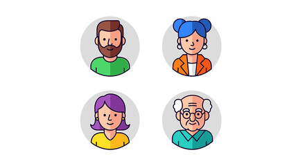 Fototapeta premium Diverse people avatars, representing different ages and genders, in a clean, modern icon set for profiles and user interfaces, vector illustration