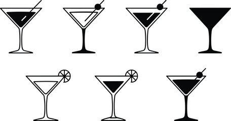 Cocktail glass icons, stylish drink illustrations, cherry garnish, lime slice, bar elements, mixology design, vector set, nightlife concept, minimal art