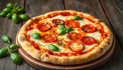 Homemade Margherita pizza on rustic wood, fresh basil, bubbling cheese, Neapolitan pizza, homemade pizza