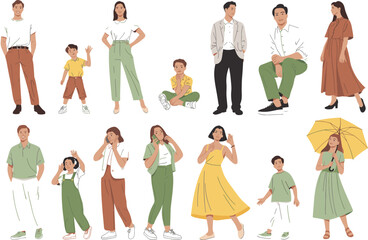 Diverse people illustration, family group, casual fashion, multicultural characters, lifestyle poses, walking, sitting, umbrella, children, adults, social interaction, community vibe