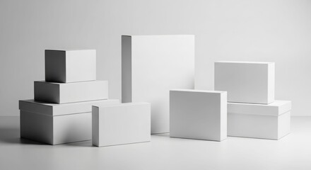 Several white, blank boxes of varying sizes are arranged on a white surface.
