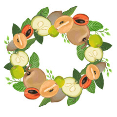 Fresh summer fruits and vegetables border frame with apples, strawberries, carrots, and tomatoes for a healthy vegetarian food collection