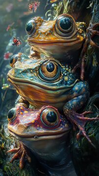 A group of frogs sitting on top of each other frogs