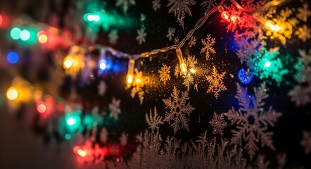 Closeup of colorful christmas lights hanging on a window with snowflake decals creating a festive atmosphere