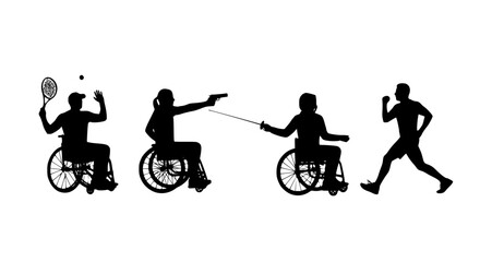 Obraz premium Illustration of silhouettes of athletes with disabilities participating in various sports, isolated on white background