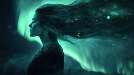 Fototapeta premium Mystical woman silhouette beneath the mesmerizing northern lights glow