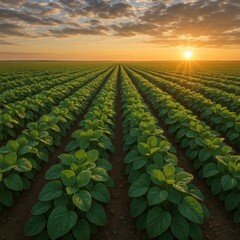 Verdant soybean rows at sunrise aerial perspective of thriving agricultural field vibrant green leaves pattern across fertile farmland sustainable farming landscape