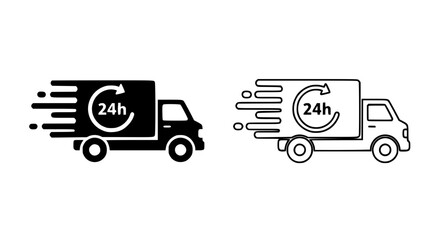 Illustration of two icons of a delivery truck with 24h symbol, representing fast delivery service, isolated on white background