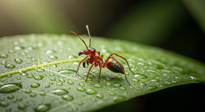 A close-up macro photograph captures a vibrant red ant with intricate details, standing on a dew-kissed green leaf, showcasing its delicate antennae and segmented body. - Powered by Adobe
