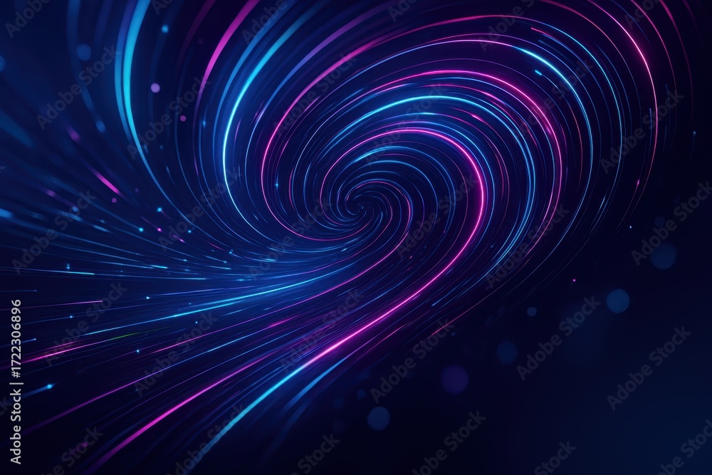 Poster abstract neon data vortex with spiraling light trails and glowing particles symbolizing high speed n
