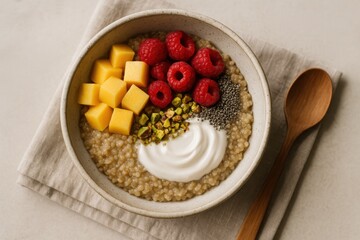 Fototapeta premium Warm quinoa breakfast bowl with mango raspberries pistachios and coconut yogurt top down on linen soft daylight wholesome clean eating concept