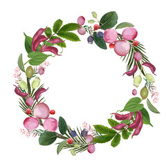 Fresh summer fruits and vegetables border frame with apples, strawberries, carrots, and tomatoes for a healthy vegetarian food collection