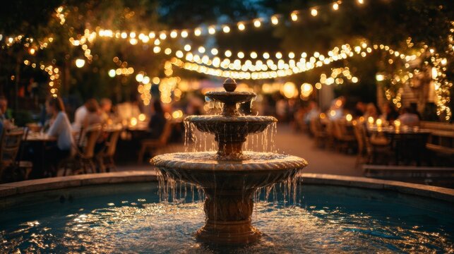 Outdoor fountain and dining scene at night