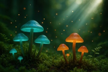 Fototapeta premium Mystical woodland floor with bioluminescent mushrooms sparkling spores and dew kissed moss dreamy macro scene with soft bokeh and ethereal glow