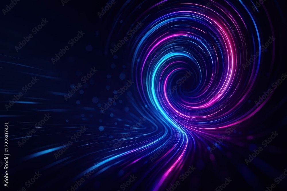 Poster abstract neon data vortex with spiraling light trails and glowing particles symbolizing high speed n