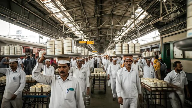 A group of dabbawalas in Mumbai walking through a train station carrying tiffin lunch boxes on their heads for delivery