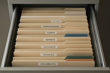 Organized metal filing cabinet drawer with labeled manila folders and color tabs minimal office efficiency concept clean lines top down view in soft neutral lighting