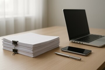 Neat stack of reports and contracts on a modern office desk with laptop smartphone and pen soft daylight organized business workflow scene
