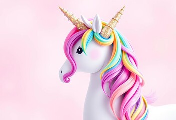 Pastel rainbow unicorn with sparkling horn and mane, whimsical design,  fantasy,  dreamlike