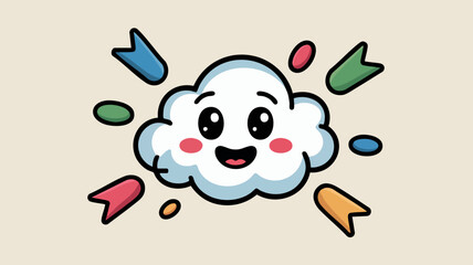 Naklejka premium Cute cartoon cloud with happy expression, surrounded by colorful shapes.
