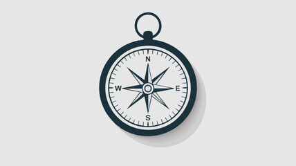 A classic navy blue compass with a detailed face showing cardinal directions and a hanging loop, casting a subtle shadow on a light grey background.