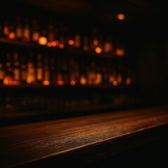 Rustic wooden bar countertop with warm backlit liquor shelves softly blurred creating rich amber bokeh and spacious copy area for premium branding