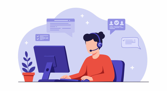 An illustration of a customer service representative wearing a headset and working on a computer at a desk with floating chat bubbles.