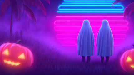 Two ghostly figures draped in white fabrics stand beneath neon blue and pink lights in a misty garden, surrounded by carved pumpkins, conjuring eerie, cinematic Halloween mood.