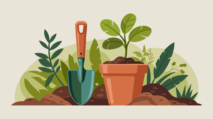 Gardening tools and a young plant in a terracotta pot, surrounded by greenery.