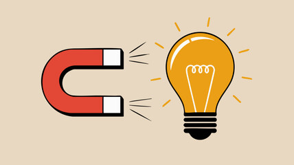 A horseshoe magnet attracting a glowing light bulb, symbolizing the attraction of ideas or innovation.