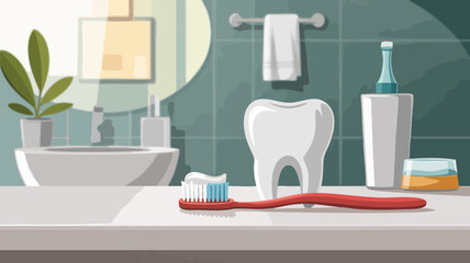 Toothbrush with toothpaste, tooth, and bathroom scene illustration.