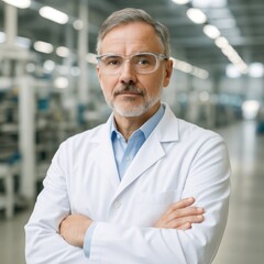 Obraz premium Confident middle aged scientist wearing safety glasses and lab coat standing with arms crossed in modern industrial plant portrait with copy space