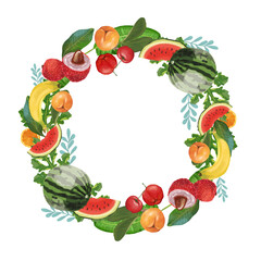 Fresh summer fruits and vegetables border frame with apples, strawberries, carrots, and tomatoes for a healthy vegetarian food collection