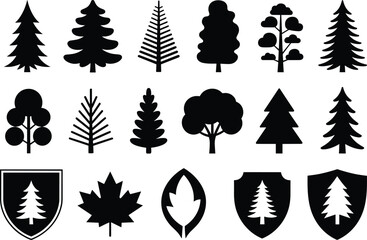 Tree icons, leaf symbols, nature silhouettes, black vector trees, forest design, eco graphics, minimal foliage, environment logo, botanical elements, pine shapes