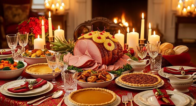 Festive christmas dinner table setting with ham, pie, candles, and decorations in front of fireplace