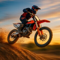 Motocross racer launching skyward over a towering berm on a dusty track at golden hour with roost flying and dramatic motion blur energy